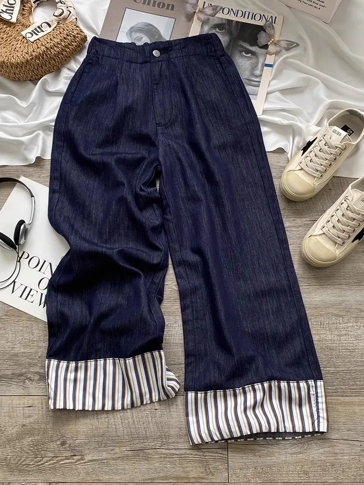 Pantalones vaqueros de pierna ancha de cintura alta para mujer, pantalón informal con cierre de cremallera, diseño de dobladillo a rayas de mezclilla azul, pantalones largos rectos adelgazantes
