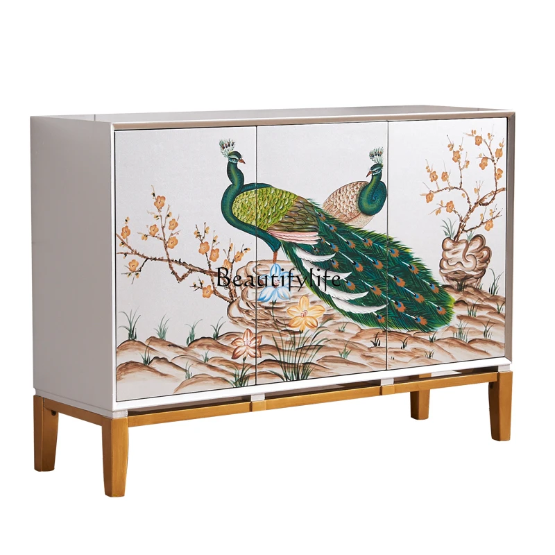 Art Hand-Painting Peacock Cabinet Luxury Foyer Doorway Solid Wood Dining Side Living Room Locker