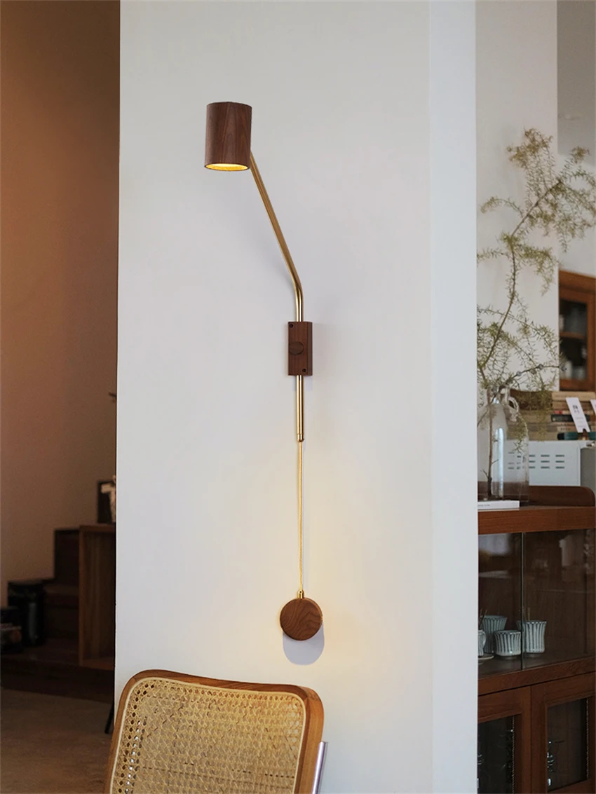 Nordic walnut rocker wood wall lamps bedroom bedside lamp study living room sofa long arm reading sconces lights decor fixtures