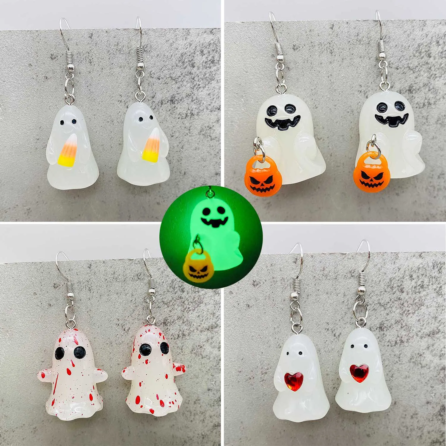 3D Luminous Bloodstains Pumpkin Ghost Halloween Necklace White Luminous Ghost Spirit Pumpkin Corn Candy Pendant Earrings