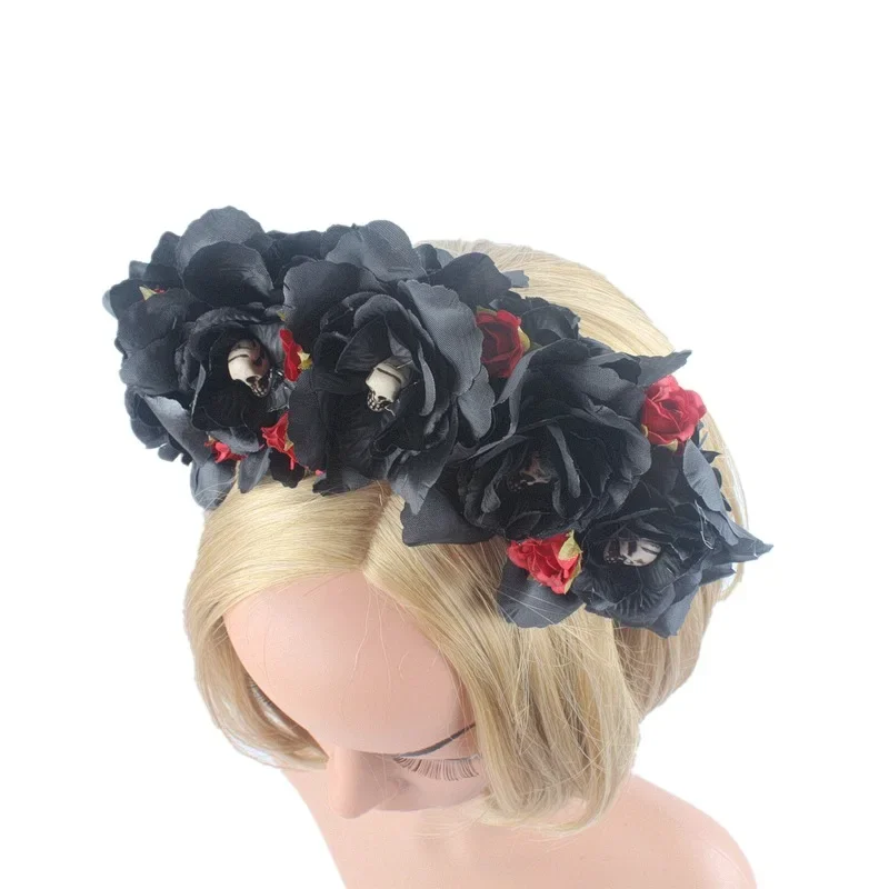 Day of the deEuropean and American black and red simulated flower head buckle Halloween party headband skull terrifying headwear