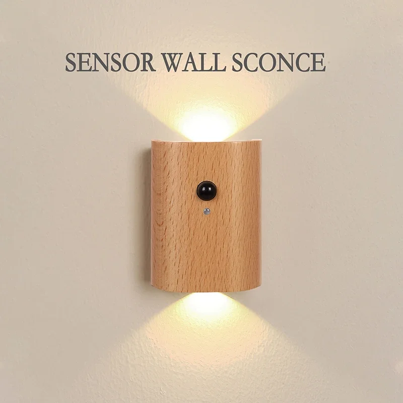 

1Pcs 0.4W LED Wall Lamp USB Rechargeable Motion Sensor Magnetic Wood Night Light For Kitchen Bedroom Corridor Stairs Decoration