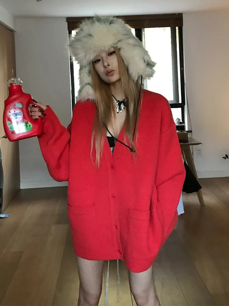 

Красный вязаный кардиган свободного кроя с V-образным вырезом и длинными рукавами для женщин, повседневная верхняя одежда, зимний модный наряд на Новый год