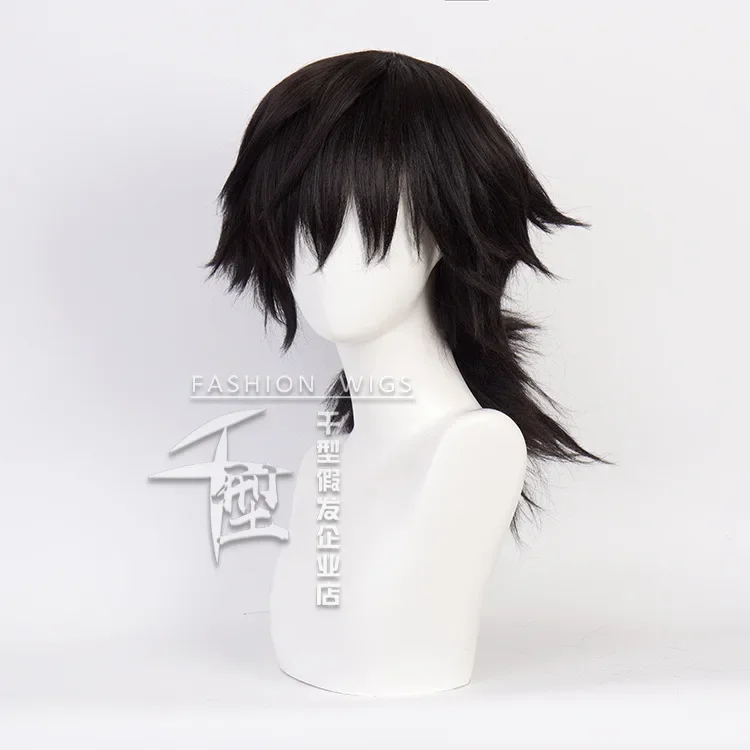Tomioka Giyuu-Peluca de Cosplay de Anime Unisex, pelo negro grueso y esponjoso con cola de caballo, pelucas de vestir para escenario, accesorios de disfraz de fiesta