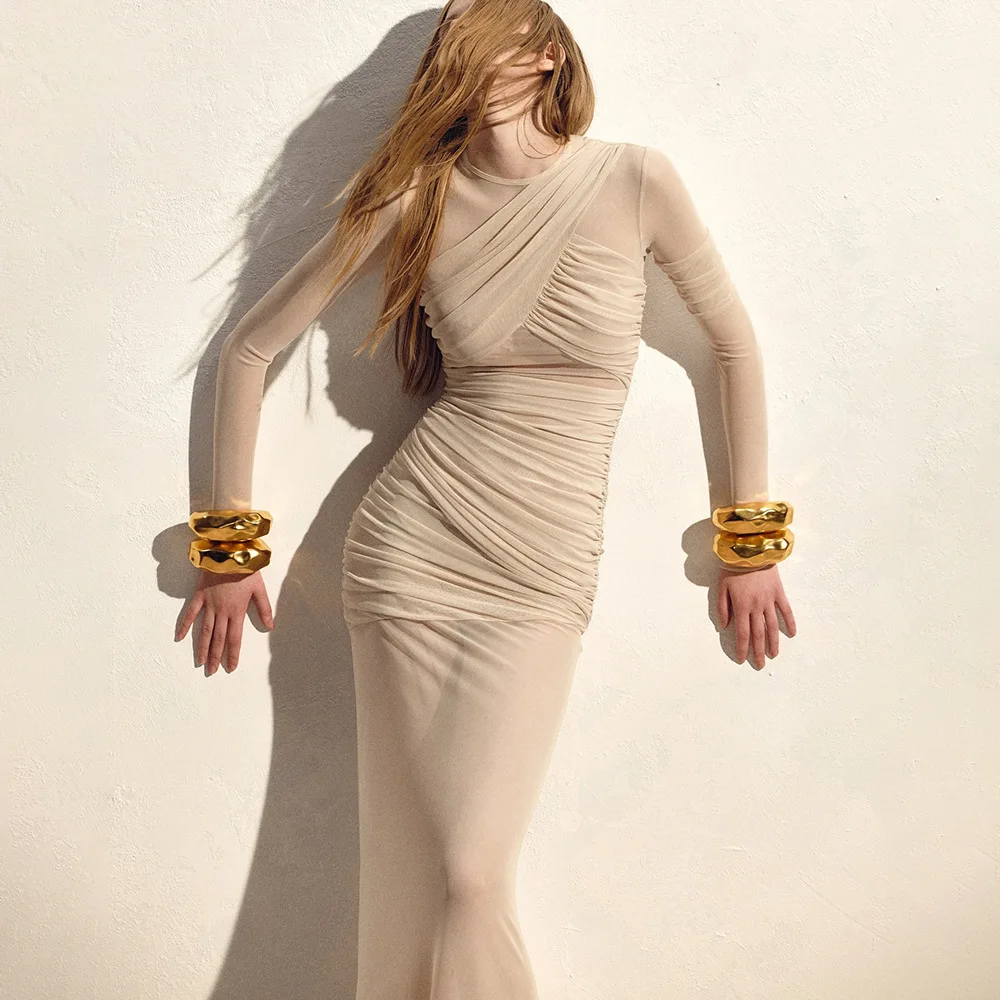 

Fashion Zipper Dresses Patchwork See Through Long Sleeve Elegant Club Party Long Dress 2025 Women Mesh Ruched Sexy Maxi Dress