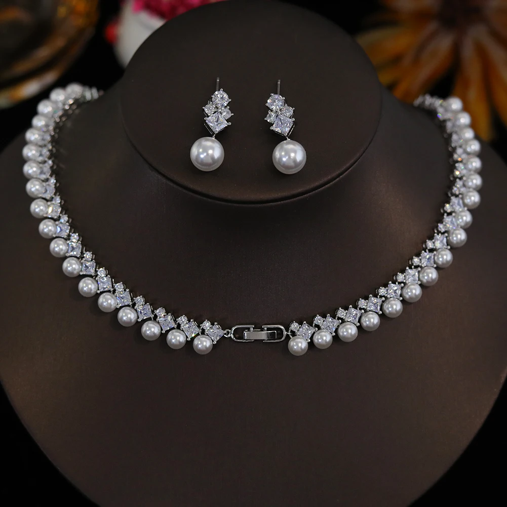 Imagem -05 - Elegant White cz Acessórios do Casamento para Mulheres Classic Round Pearl Colares e Brincos Conjuntos de Jóias Noivas X0482