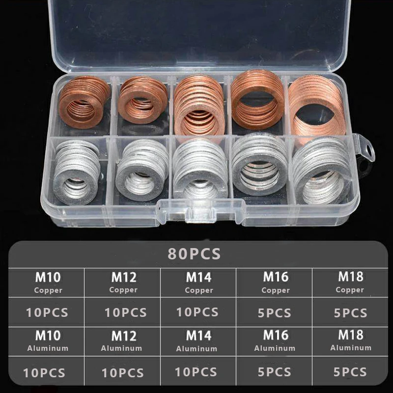 80PCS Car Oil Pan Drain Gasket Flat Washers Aluminum/ Copper Oil Drain Plug Gasket Replaceable Accessories M10/M12/M14/M16/M18