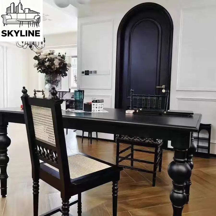 Retro solid wood black dining table household dining table simple rectangular log long table