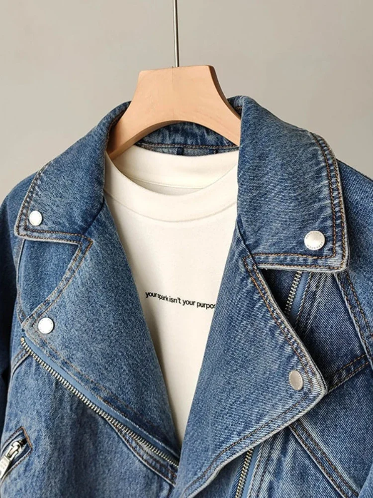 Fitaylor Spring Autumn Women Denim Jacket Casual Lady Moto Biker Coat Vintage Lapel Zipper Jacket