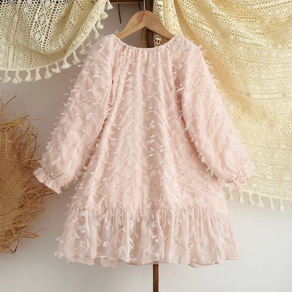 Autumn New Pink Sweet and Cute Tassel Furry Long Sleeved Dress Party Stage Girl Casual Clothes 3-7 Years Old  Korean Version