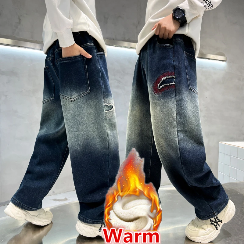 

New Winter Tween Boy Gradient Blue Thermal Ripped Jeans With Fleece Lined Denim Pants Kids Child Casual Straight Jeans Trousers