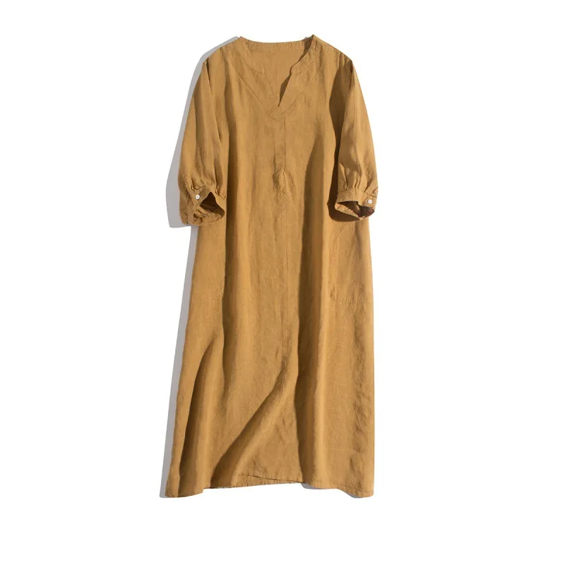 

Sand washed pure linen dress literary Japanese matte texture V-neck loose and thin large size long dress cotton and linen robe