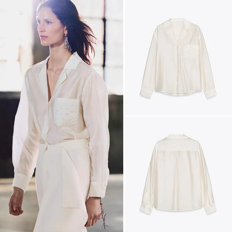 

Весенняя новинка: женская рубашка с вышивкой, декорированная карманами, с отложным воротником, повседневная, модная, в китайском этническом стиле