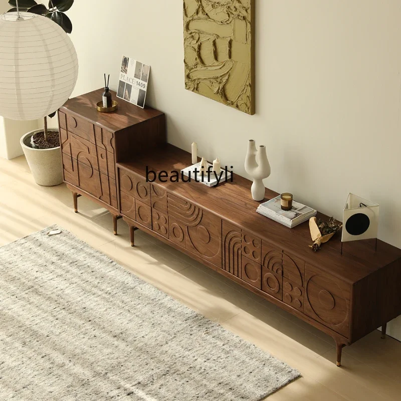 

Modern Minimalist Solid Wood TV Cabinet and Tea Table Combination Black Walnut Wooden Locker Living Room Floor Cabinet