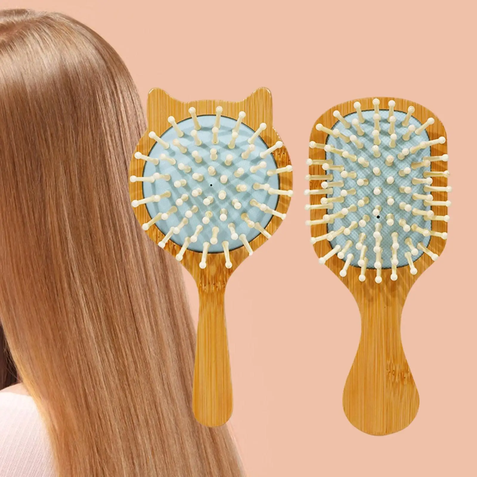 طقم فرش خيزران مدمجة للنساء ، مشط للشعر ، مقبض مريح ، مقاس سفر ، هدية صالون الطفل ، تدليك منزلي ، 2