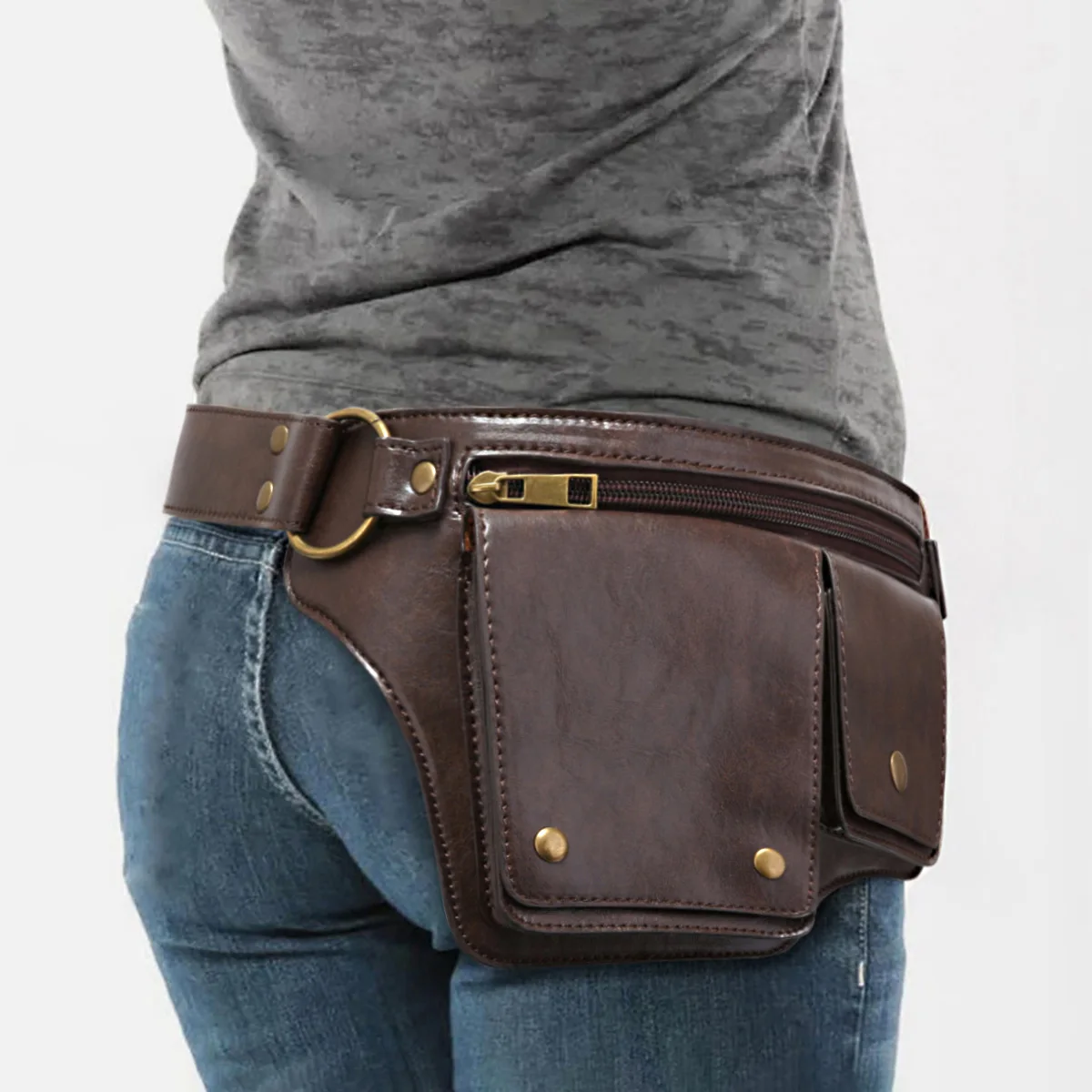 Fashion Waist Packs for Women Vintage Brown Leather Sports Belt Bag Retro Rivet Luxury Design Adjustable Ladies Locomotive Bag