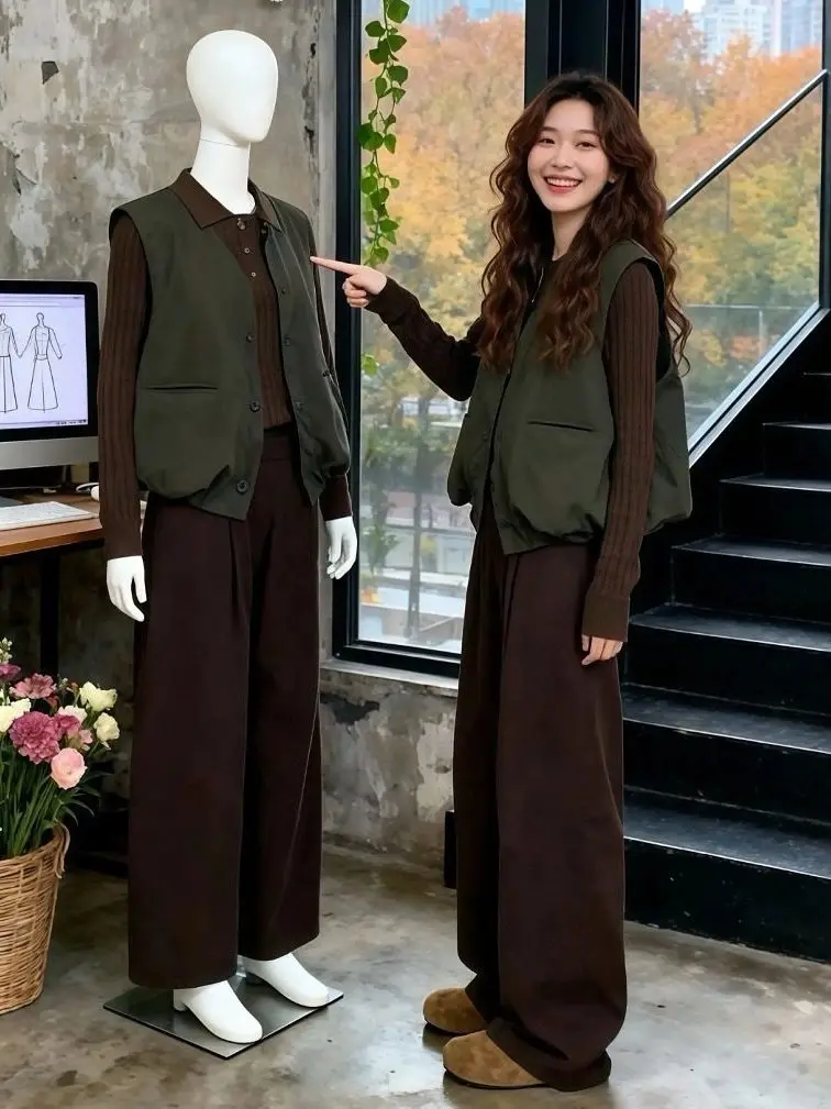 

plus Size Women's Knitted Sweater Vest High Waist Wide Leg Pants Tee Piece Set Faionable Retro Sle Autumn Wear