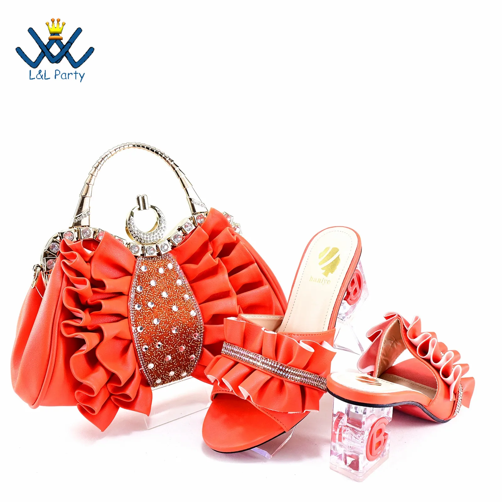 

2024 Spring New Arrivals African Women Shoes Matching Bag Set in Orange Color NoveltyStyle Comfortable Heels for Dress