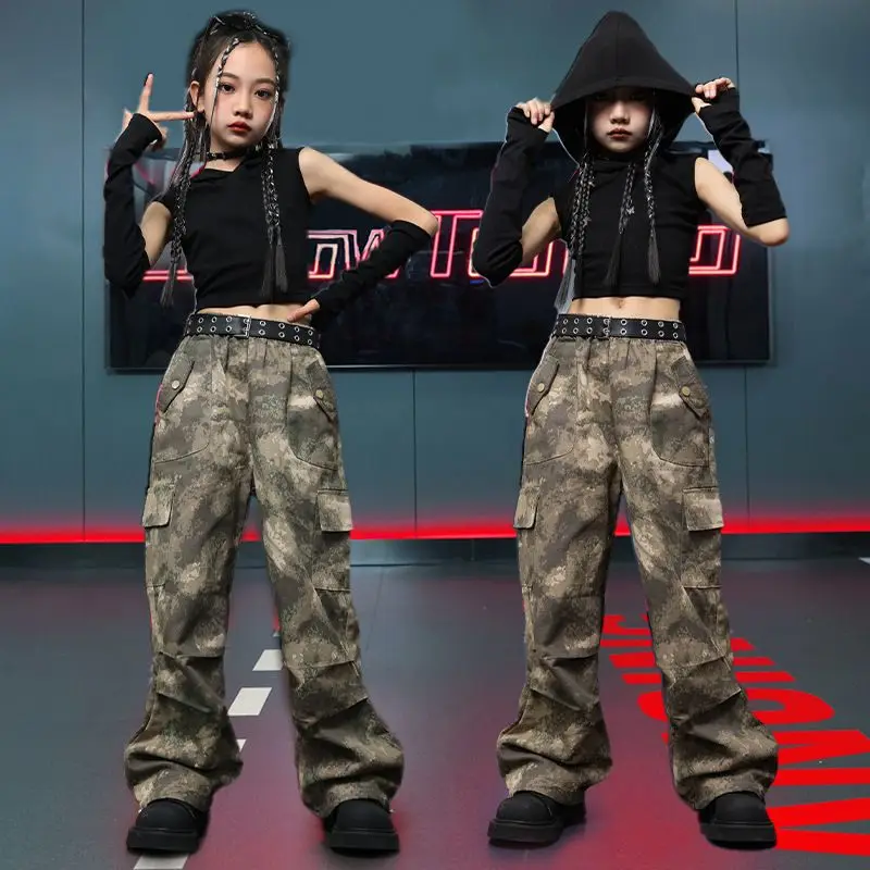 Kid Hip Hop Clothing Black Hoodie Crop Tank Top with Sleeves Camouflage Casual Cargo Pants for Girl Jazz Dance Costumes Clothes