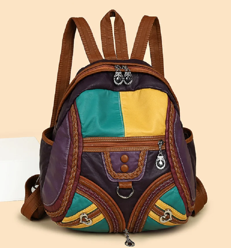 

New Large-Capacity Versatile Washed Leather Backpack, Colorful Soft Leather Motorcycle Style Rucksack