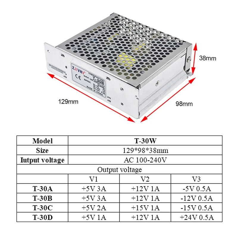 Triple Output 30W Switching Power Supply -5V 12V 15V 24V 1A 2A 0.5A Three Group Output T-30A/B/C/D for LED CCTV Strip Lighting