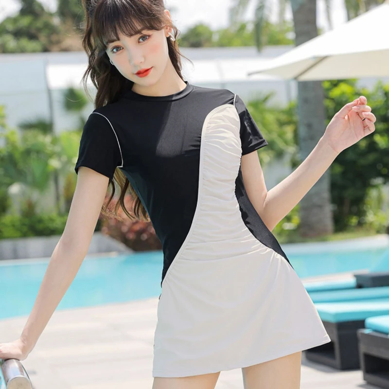 Women Swimsuit 2023 New One-piece Swimming Suit Short Sleeve Skirt Conservative Hot Spring Sports Large Solid Beach Wear