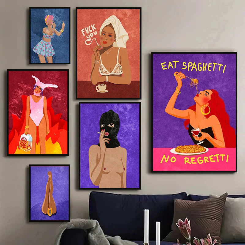 Colorful Raissa Sexy Woman Canvas Painting My Body Banana Wine Fruit Poster Print Wall Art Picture Boho Girl Room Home Decor