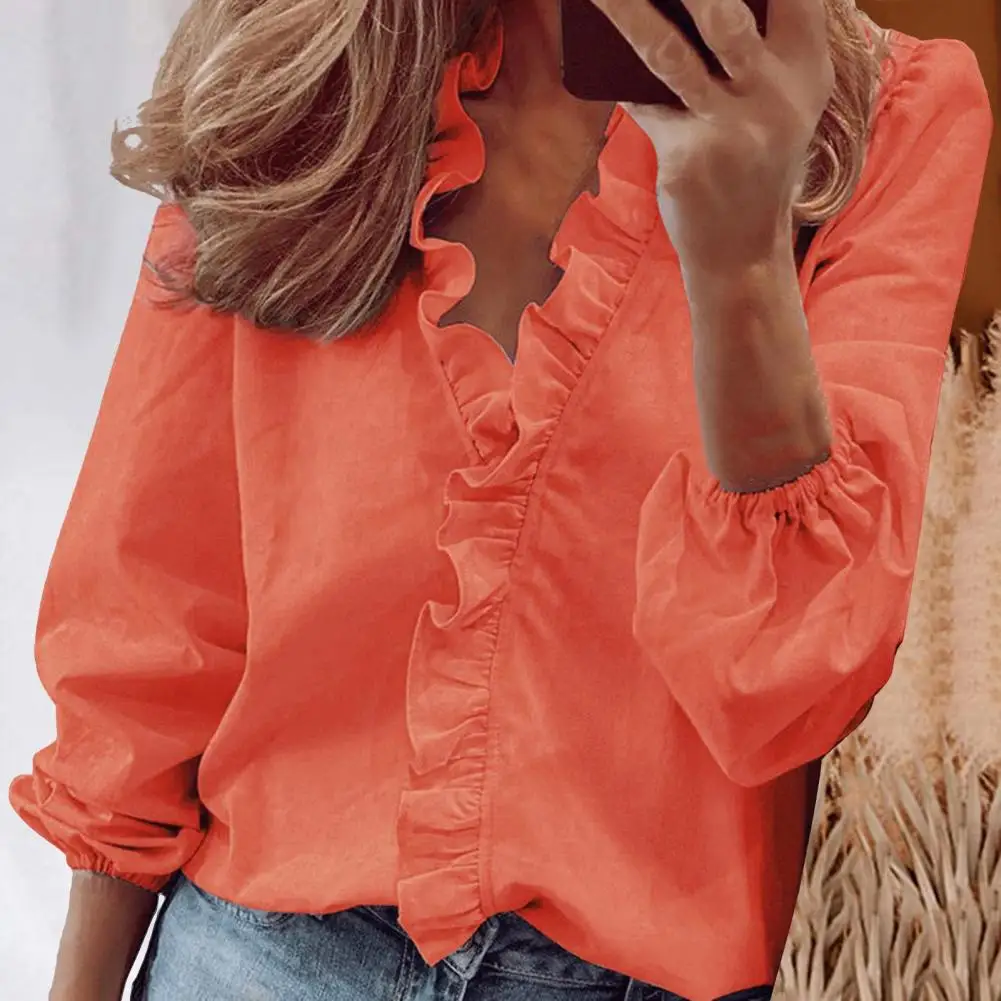 Shirt Tops Elegant V-neck Lantern Sleeve Shirt Tops for Women Ruffle Trim Pullover Blouse Solid Color Stylish for Spring