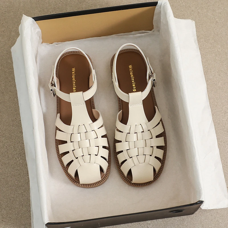 Women Flat Sandals New Summer Plus Size Retro Woven Roman Shoes Platform Closed Toe Backless Soft Sole Casual Outdoor Footwear