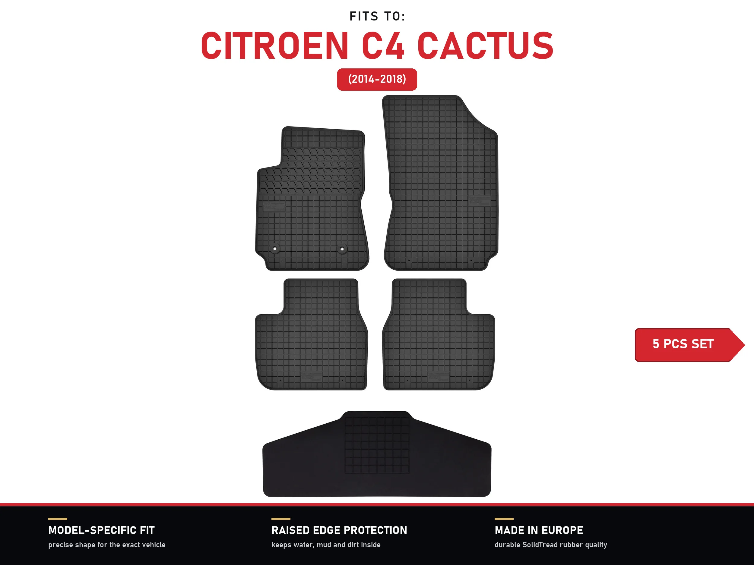 Rubberen tunnelmatten voor: Citroen C4 Cactus 2014-2018 5 stuks