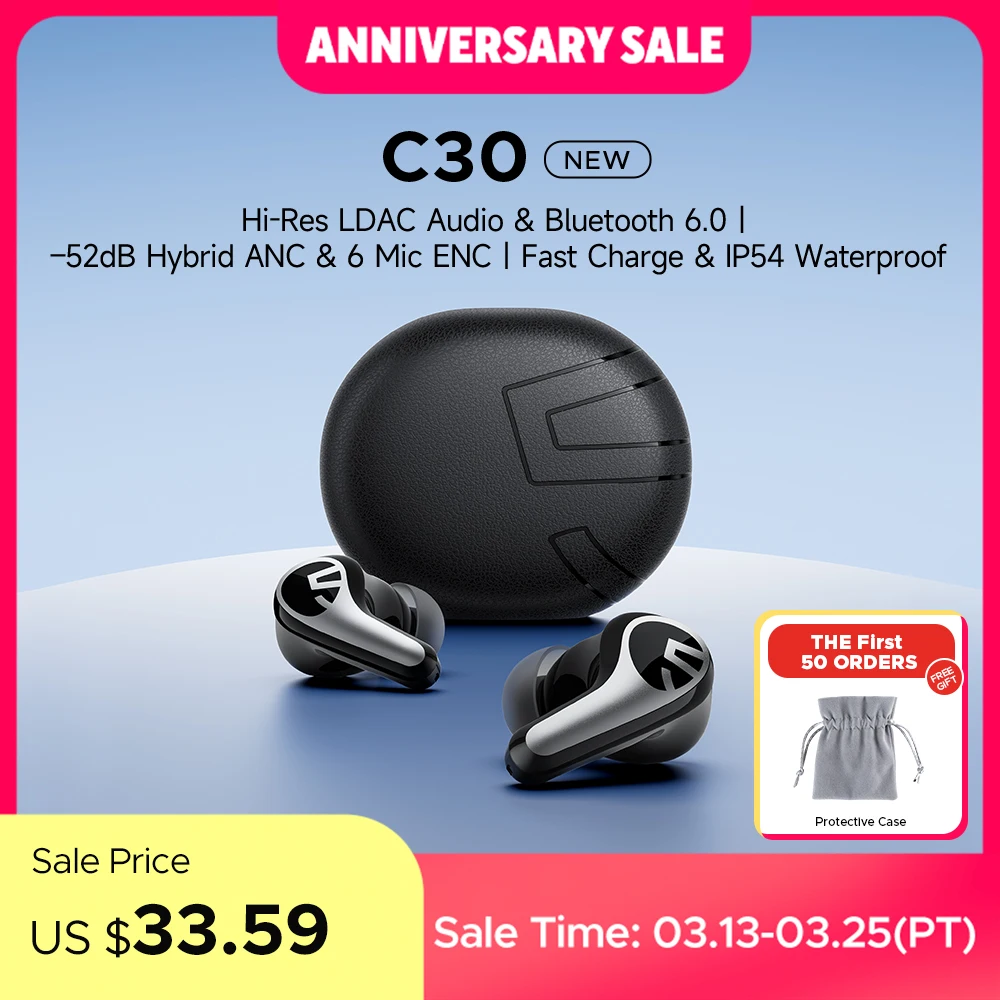 SOUNDPEATS C30 Wireless Earphones -52dB Hybrid ANC Bluetooth 6.0 Headphones