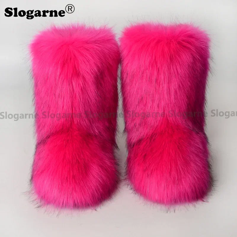 2024 Women's Winter Faux Fox Fur Boots Woman Plush Warm Snow Boots Luxury Footwear Girls' Furry Fur Bottes Fashion Fluffy Shoes