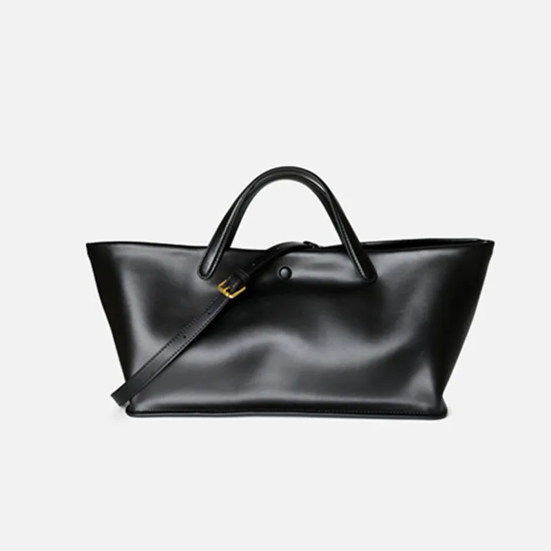 

Euro Luxury Beige Black Color Large Capacity Trapeze Tote Full Grain Cowhide Leather Women Handbag Huge Commuter Tall Ladies