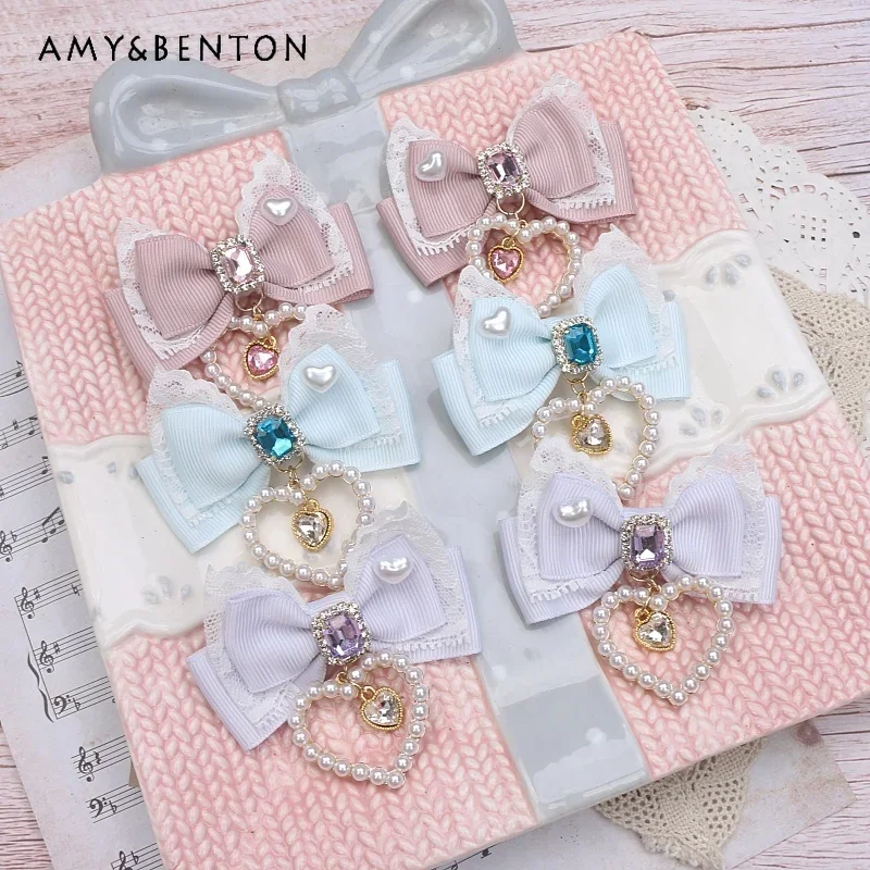 Japanese Mine Mass-Produced Cute Bow Hair Clips Sweet Lace Stitching Pearl Heart Pendant Hair Bows Lolita Girl Hair Accessories