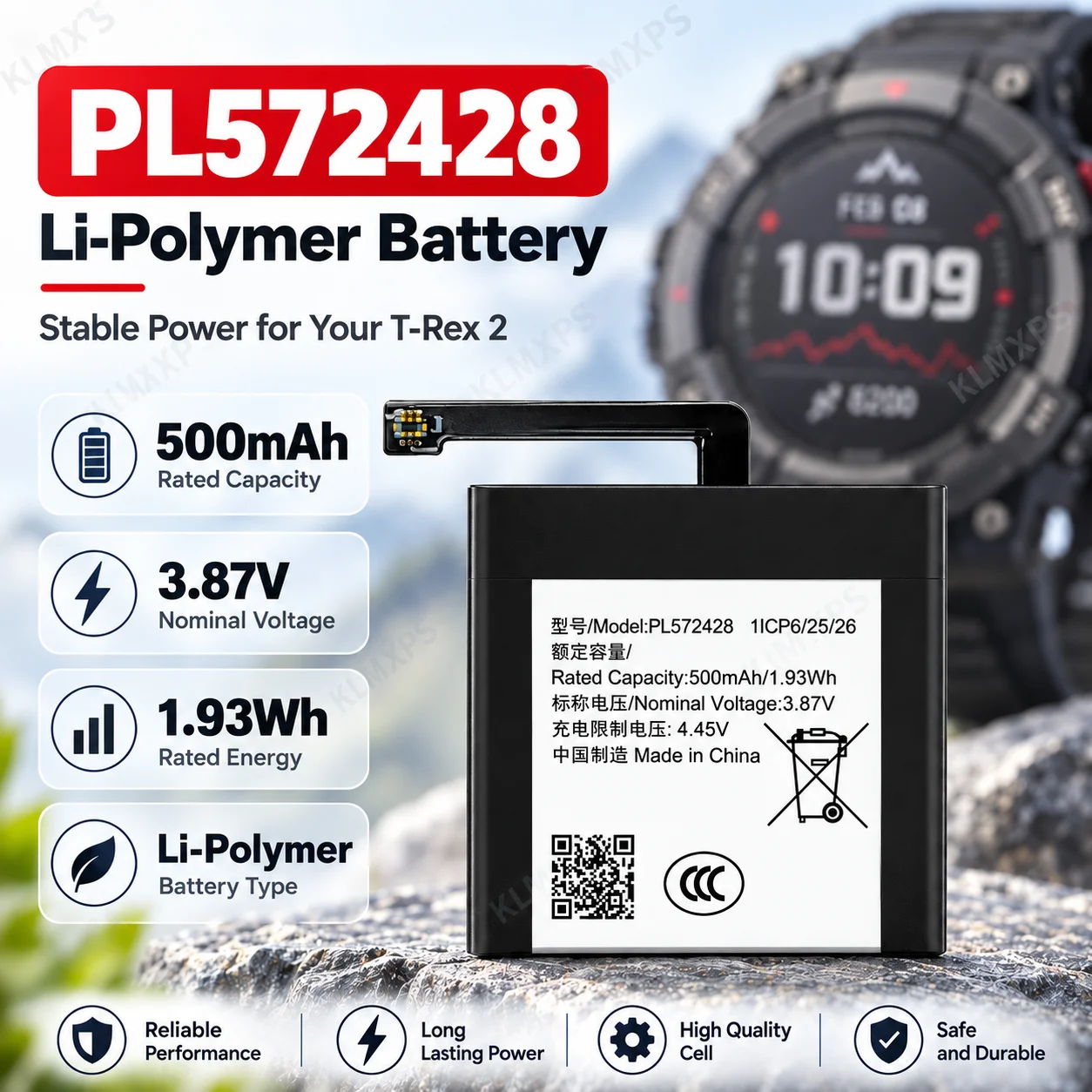PL572428 500mAh 3.87V Li Polymer Battery Replacement for T-Rex 2 Smart Watch Repair Battery with Tool Kit
