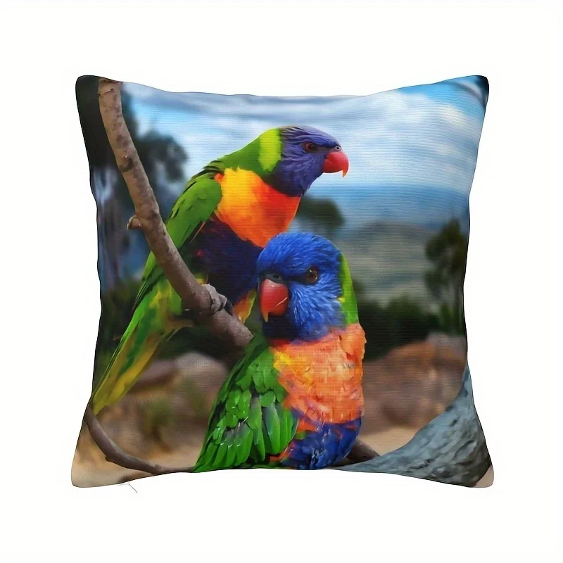 White Pillow Cover Realistic Rainbow Lorikeet Pair on Branch Print 45x45cm18x18InchSquare Decor Cushion cover