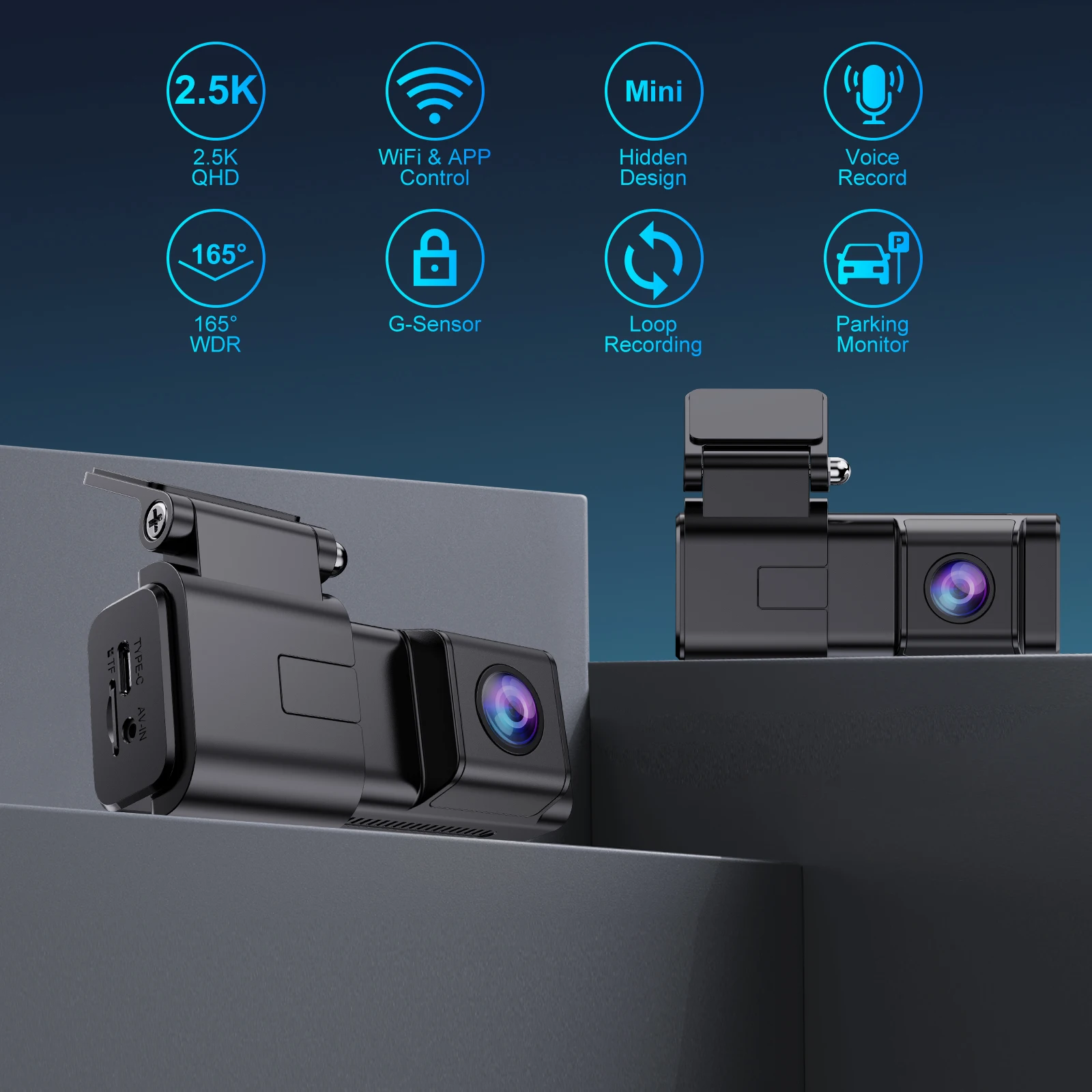 Bluavido 2.5K Ultra HD Dash Cam 1440P Wide Angle Wi-Fi APP Control G-Sensor Super Night Vision Parking Monitor Car DVR Camera