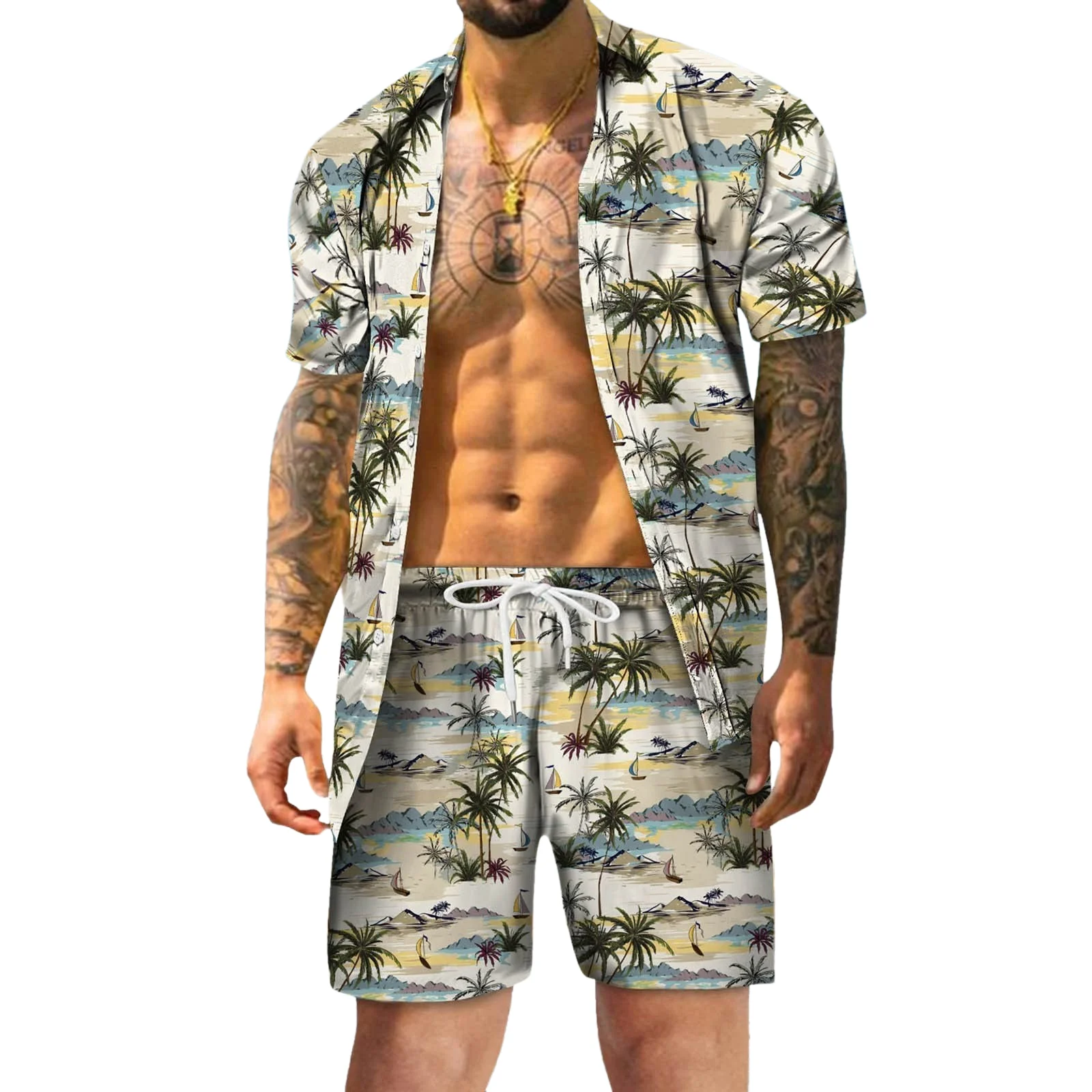 Men Shirt Sets 3D Print Patchwork Lapel Short Sleeve Casual Shirt Oversized Beach Shorts Summer Streetwear Hawaiian Suits