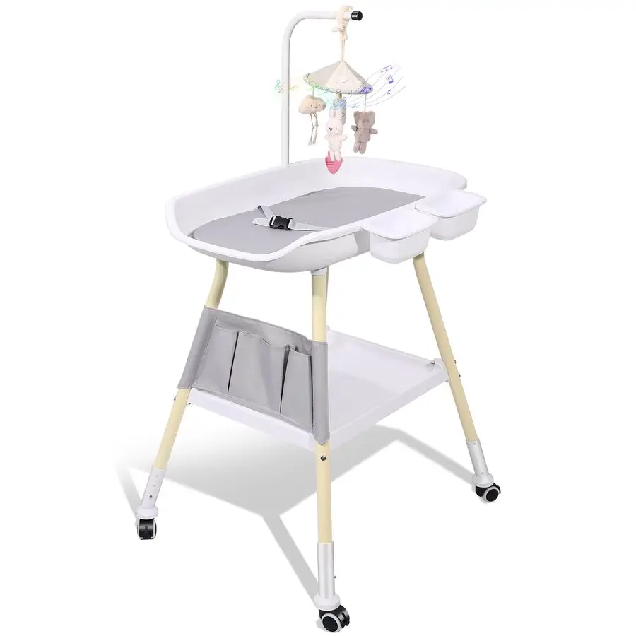 

Changing Table, Adjustable Height Diaper Changing Station with Baby Crib Mobile, Changing Pad, Nursery Organizer and Large Stora