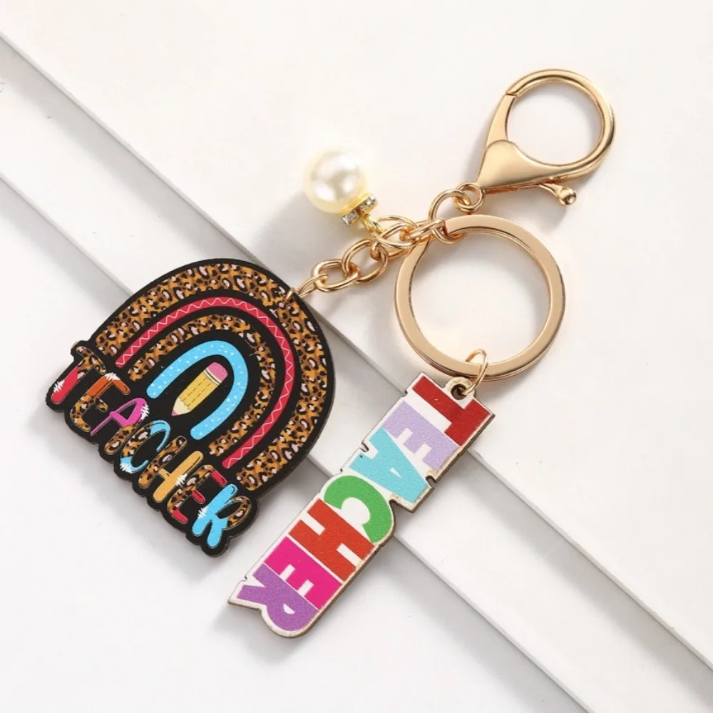 Wooden Teacher's Day Keychain English Letter Geometric Shape Text Keychain Pendant Notebook Rainbow Pen Holder Key Ring