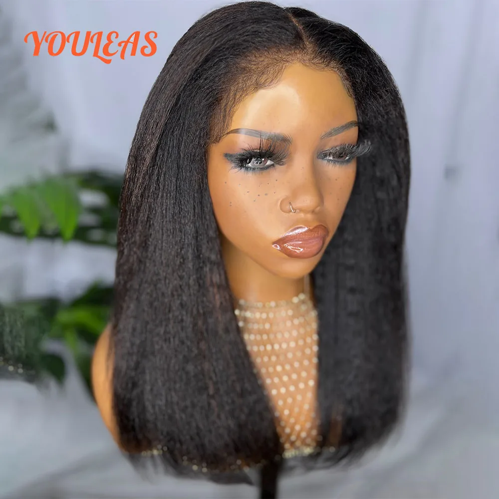 

Super Double Draw 250% Density Kinky Straight Wig 13x4 Transparent Lace Frontal Gluless Wig Preplucked Human Hair Ready To Wear