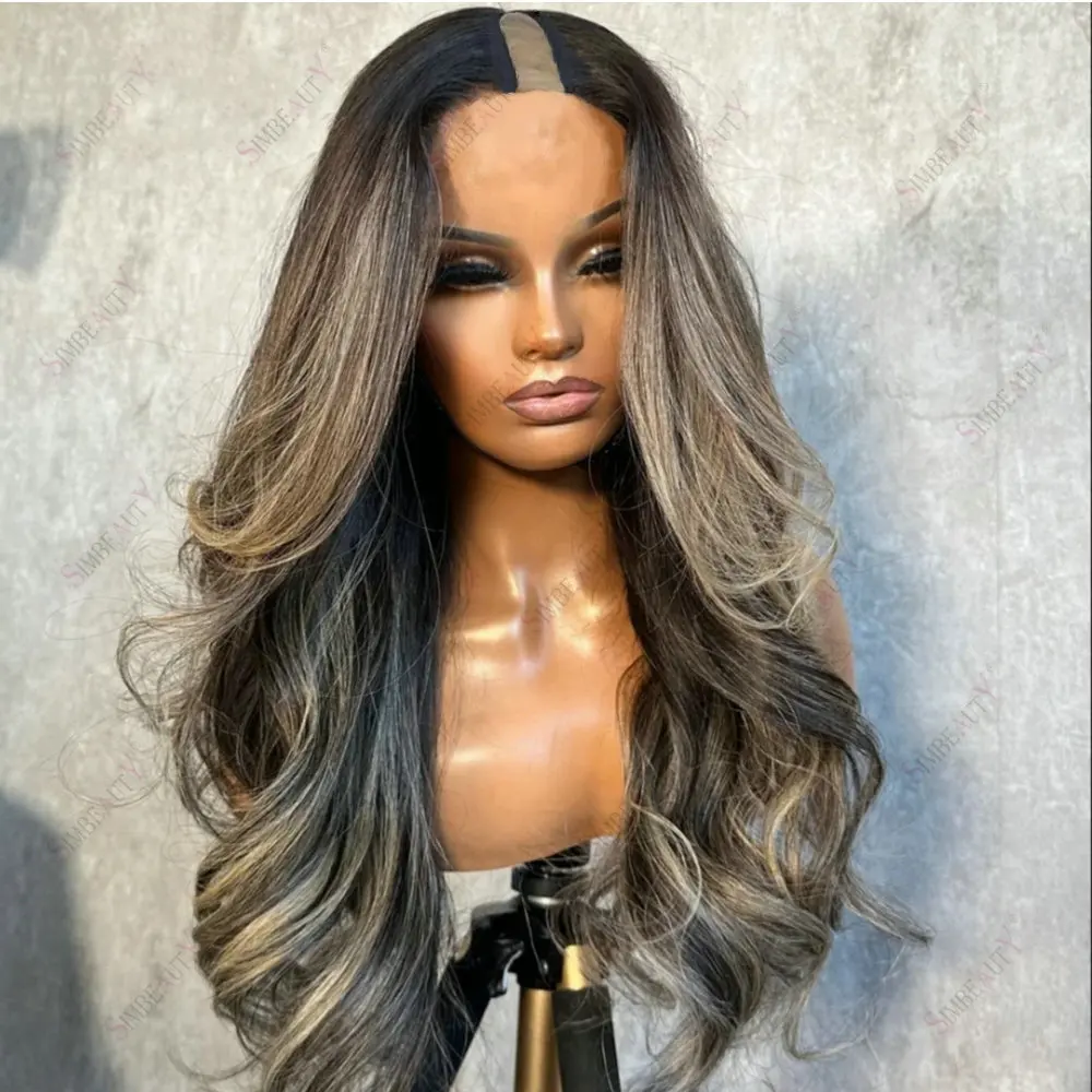 Damenperücke, lange, gewellte, aschblonde Haare mit Highlights, 1x4-Größe, U-Part-Perücke, aus Echthaar, Remy-Indisches Haar, klebefreie V-Part-Perücke mit Clips. – Detail 2