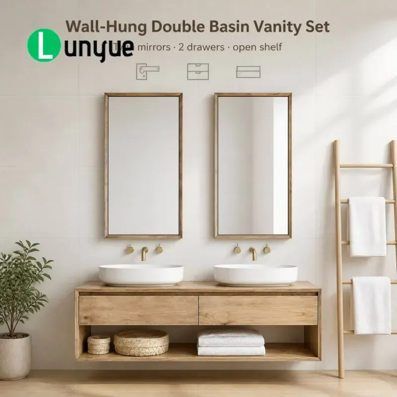 Light Luxury Rubberwood Bathroom Vanity with Solid Wood Washbasin Marble Countertop Wall Mounted Mirror for Toilets Washrooms