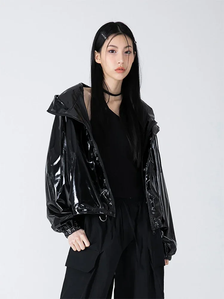 

Shiny Patent Leather Flight Jacket Coat Women Gothic Faux Leather Hooded Overcoat Pocket Long Sleeve PVC Raincoat New Custom