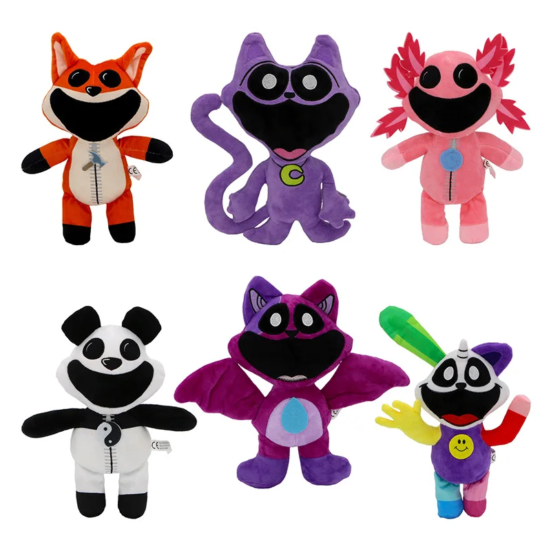 

Six smiling animal plush toys: purple cat, salamander, panda, Bobby, suitable for children as dolls and holiday gifts