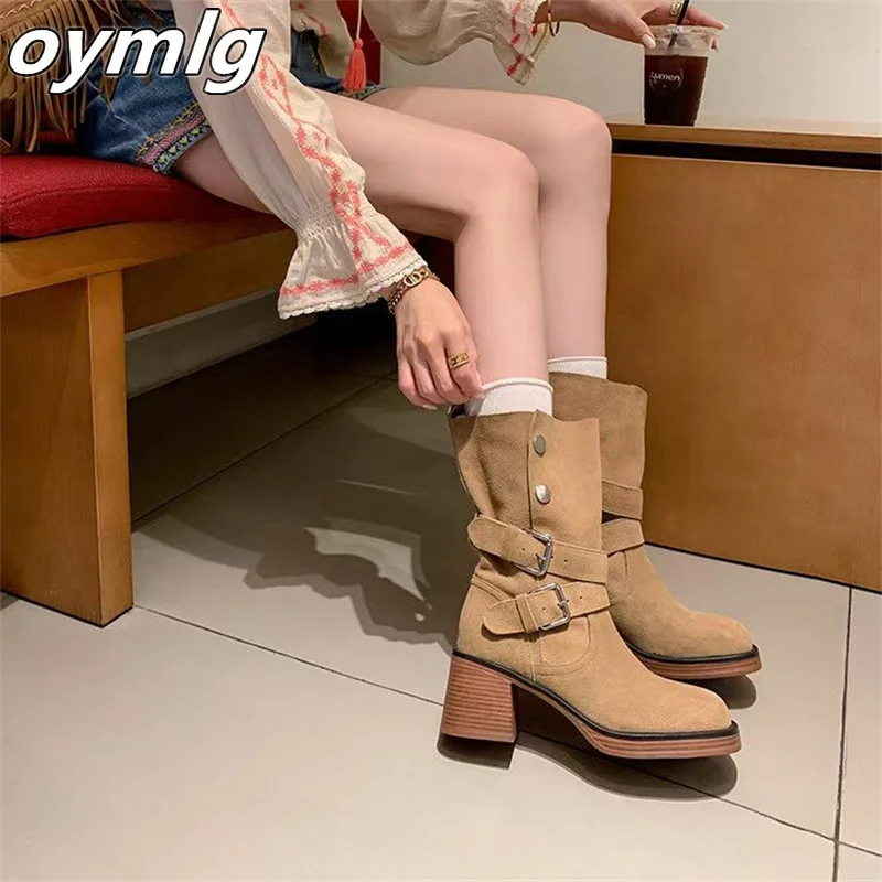 2024 New Western Cowboy Boots Women's Versatile Comfortable Knight Boots Thick Heel Short Boots Trendy Cool Belt Buckle