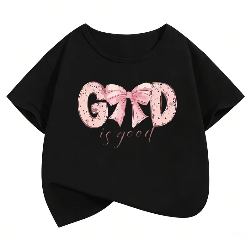 God Is Good with Bow Deisng Graphic Kids Tshirts Summer Short Sleeve Tees Boys Girls Clothes Kawaii Tops Y2K Children T-shirt