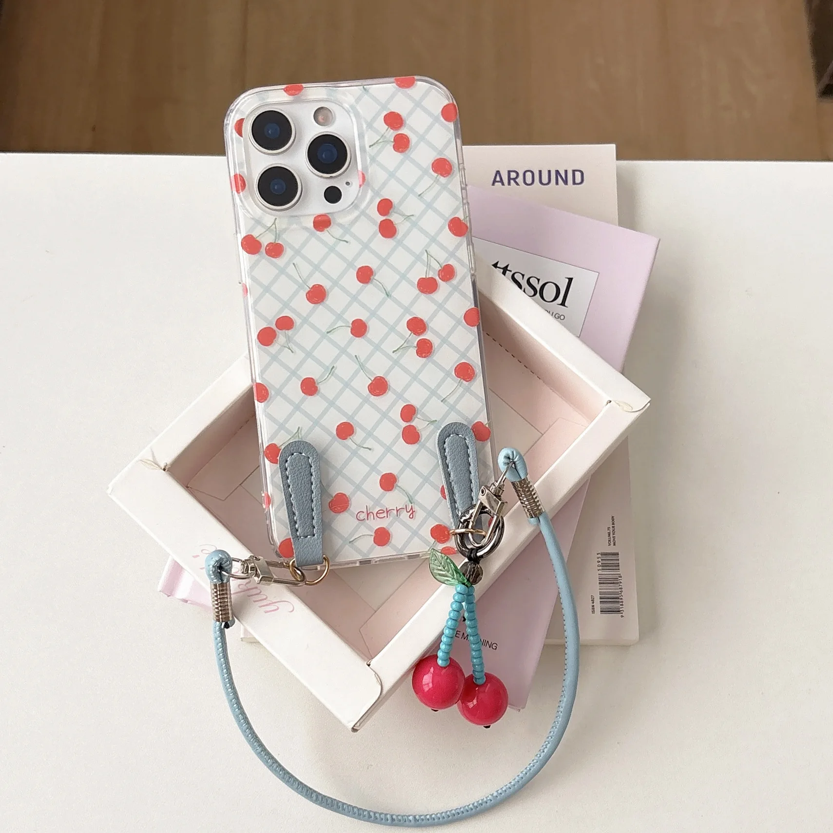 الكرز قلادة الأزرق شريط منقوشة لطيف أنيق جراب هاتف آيفون 16 15 14 13 برو ماكس حافظة لطيف الحلو الفاخرة الكرتون غطاء #4