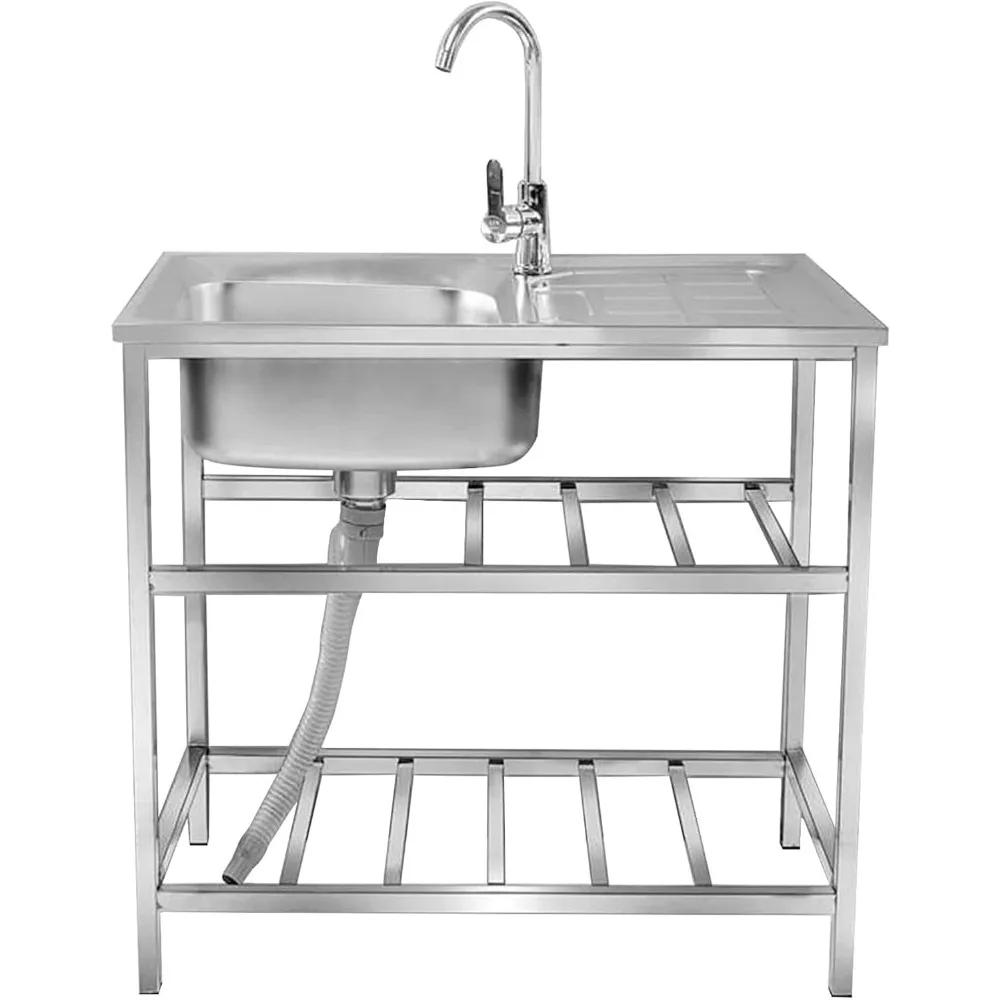 

Outdoor Free Standing Sink, Utility Stainless Steel Kitchen Single Bowl Washing Hand Basin Station Sink with Drainboard and Fauc
