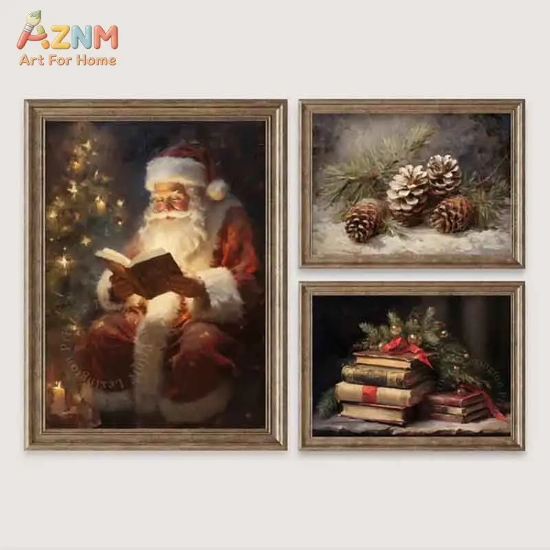 AZNM Vintage Winter Christmas Canvas Wall Art Santa Snowy Cottage Pinecone Snowman Scene Retro Oil Painting Style Festive Xmas F